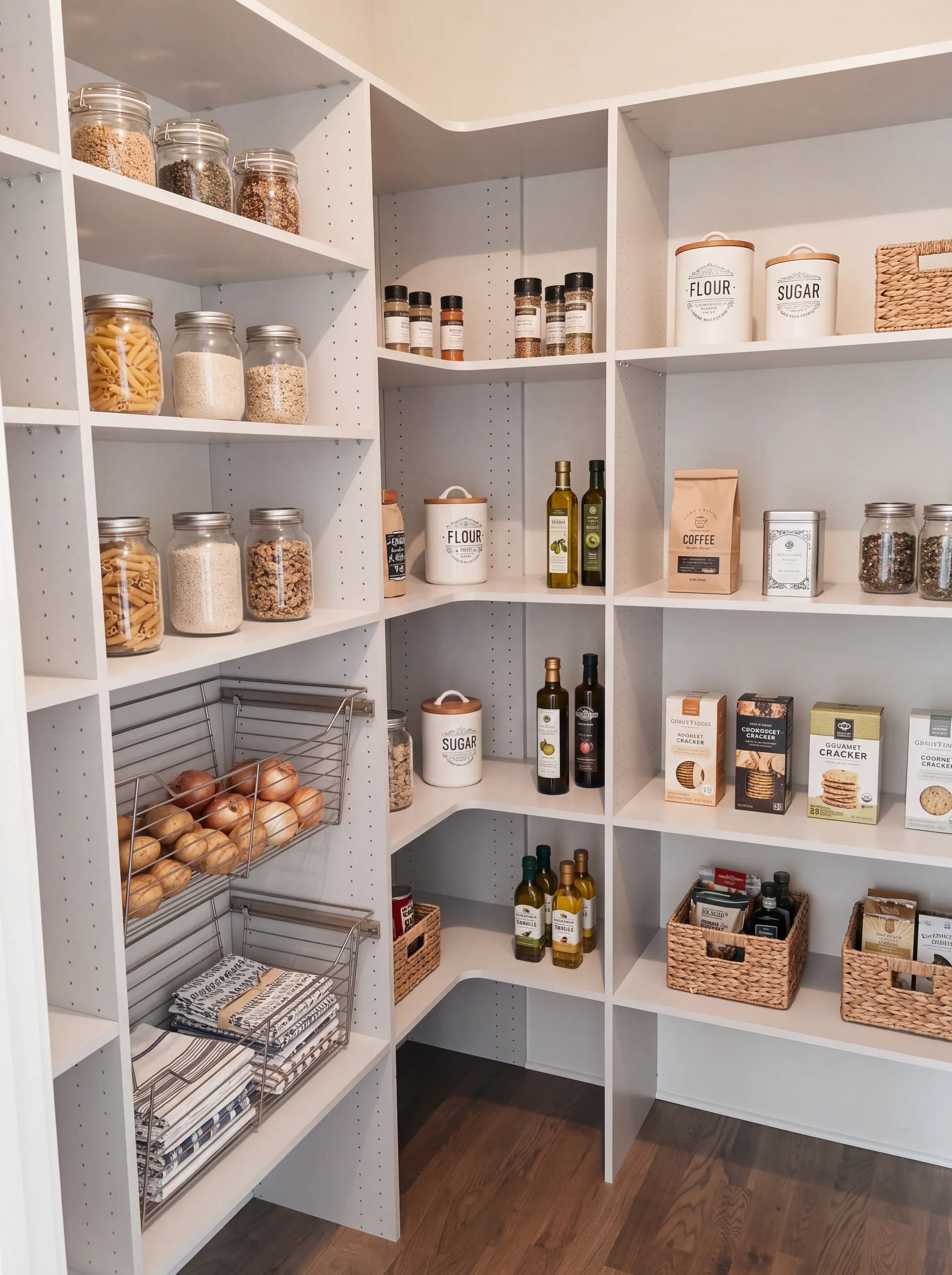Corner pantry with adjustable shelving, pull-out wire baskets, and stocked jars