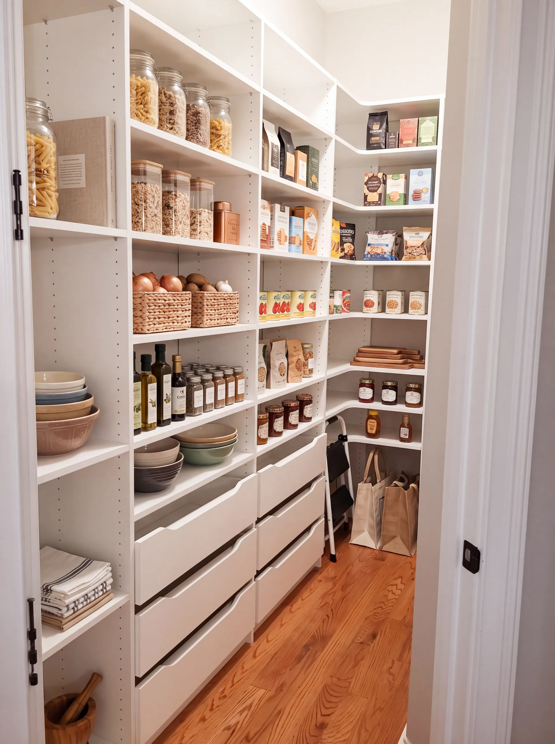 Custom white pantry with floor-to-ceiling shelving and a bank of drawers