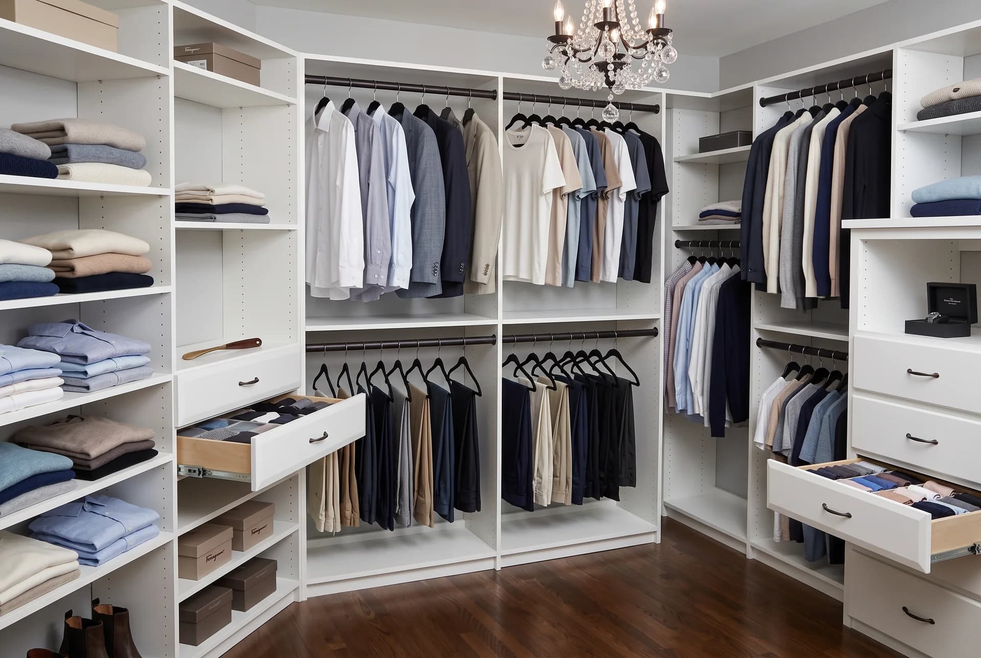 White walk-in closet with double hanging rods, open shelving, pull-out drawers, and a crystal chandelier over dark hardwood floors