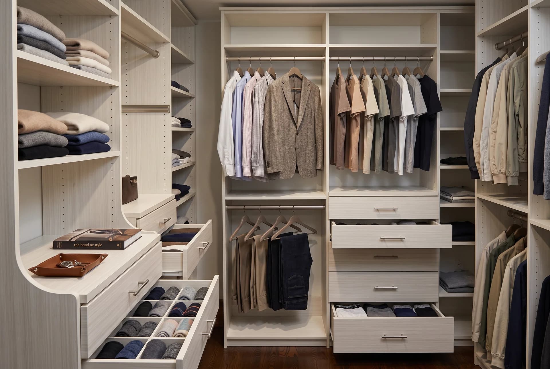 Light woodgrain walk-in closet with double hanging, open shelving, and pull-out drawers with folded clothes and shoes