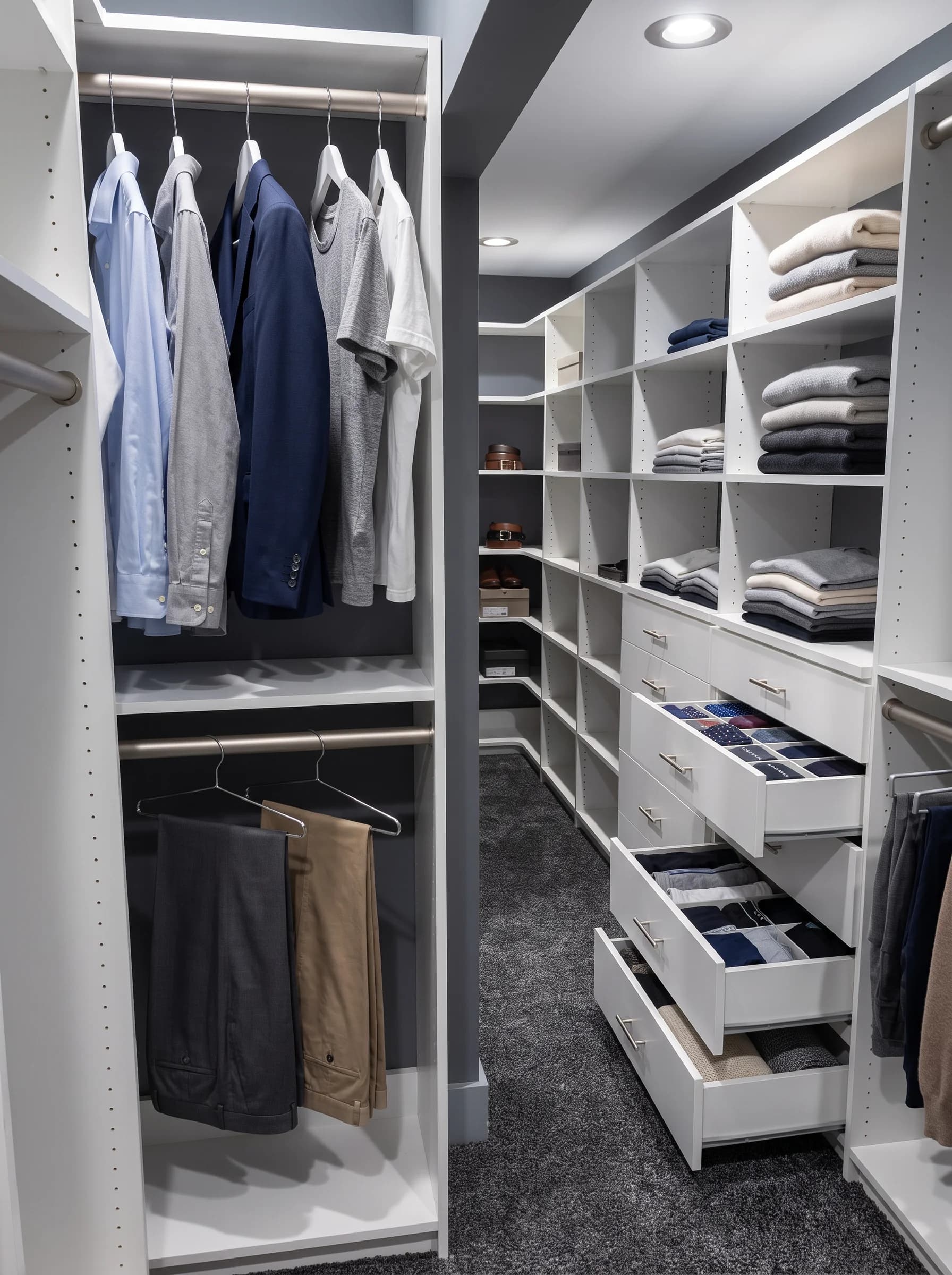 White walk-in closet with double hanging on one side and a drawer tower with folded clothes on the other