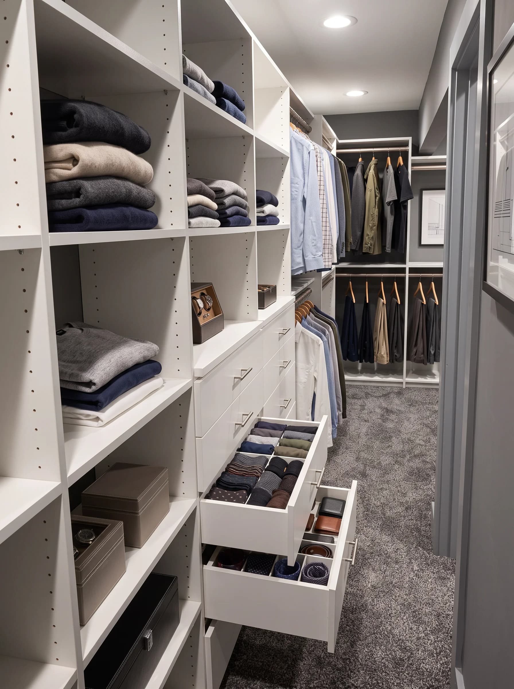 White closet system with open shelving of folded sweaters, a pull-out drawer of rolled socks, and hanging rods