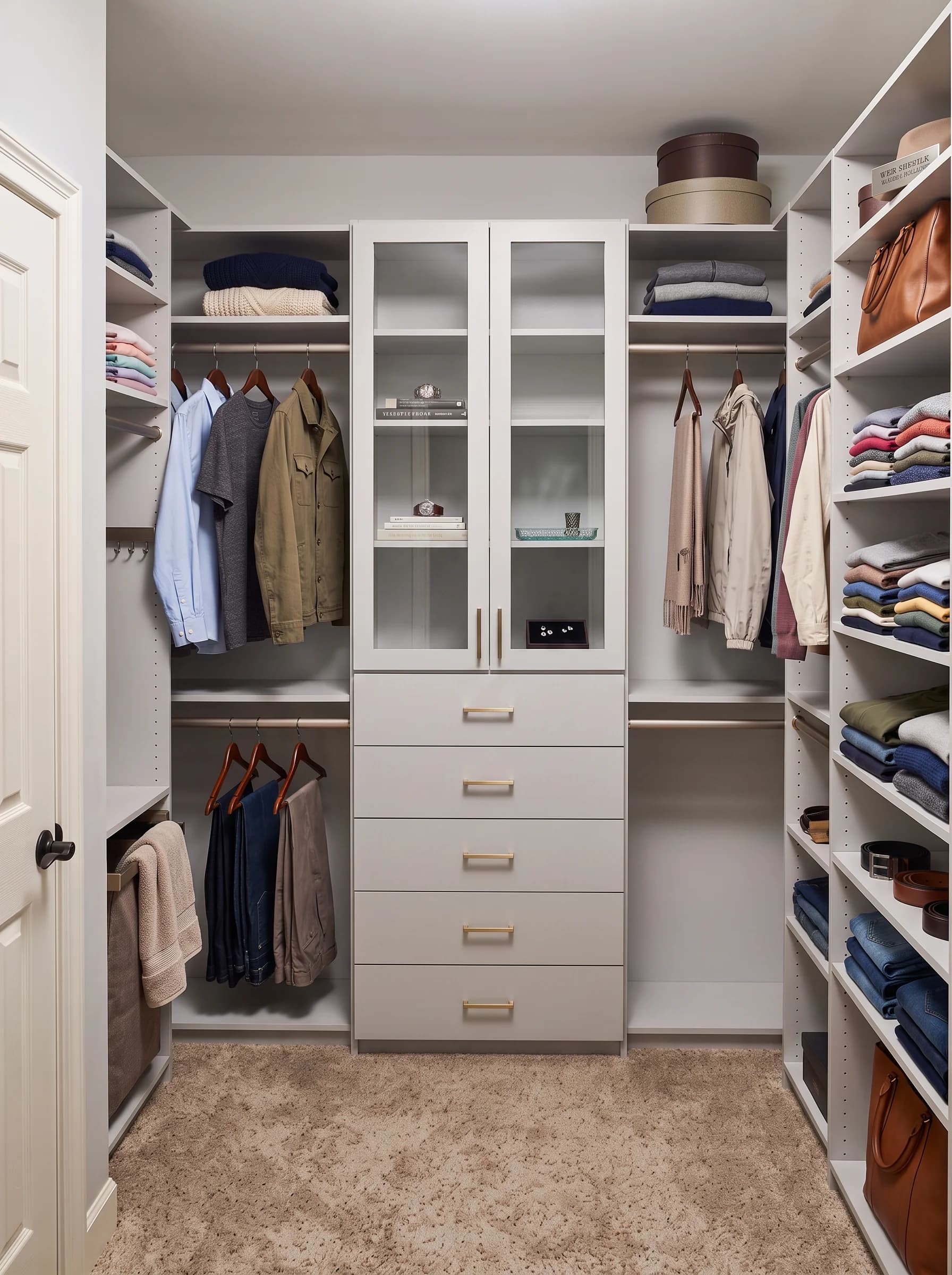White walk-in closet with a glass-front display cabinet, drawer tower, and double hanging rods