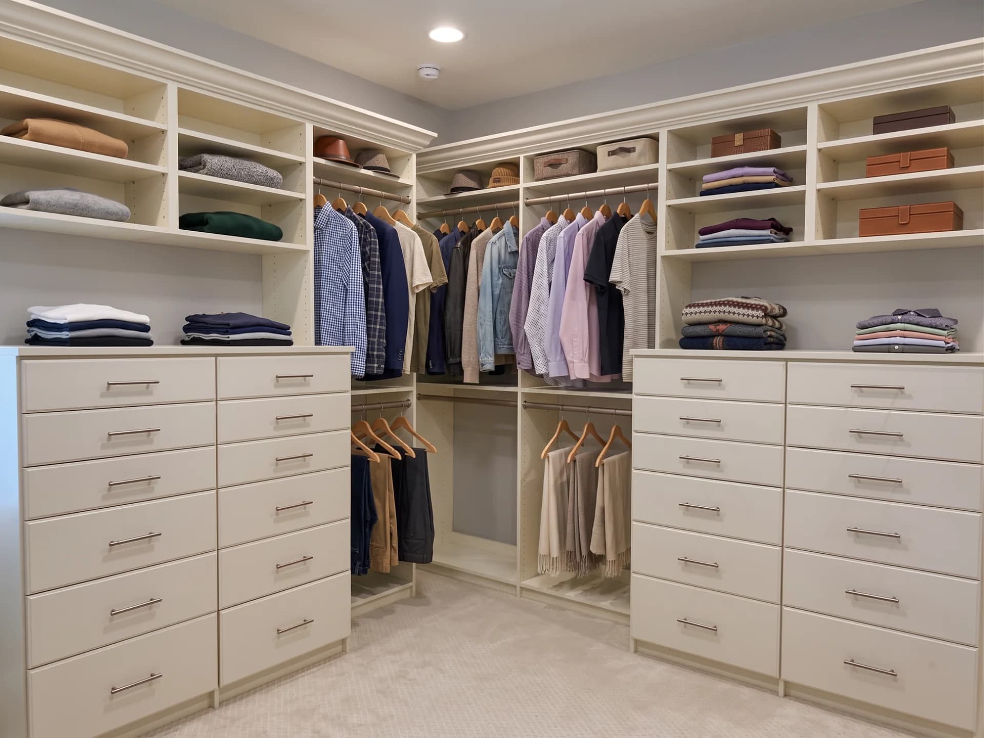 Cream walk-in closet with drawer banks on both sides, double hanging, and open shelving with folded clothes