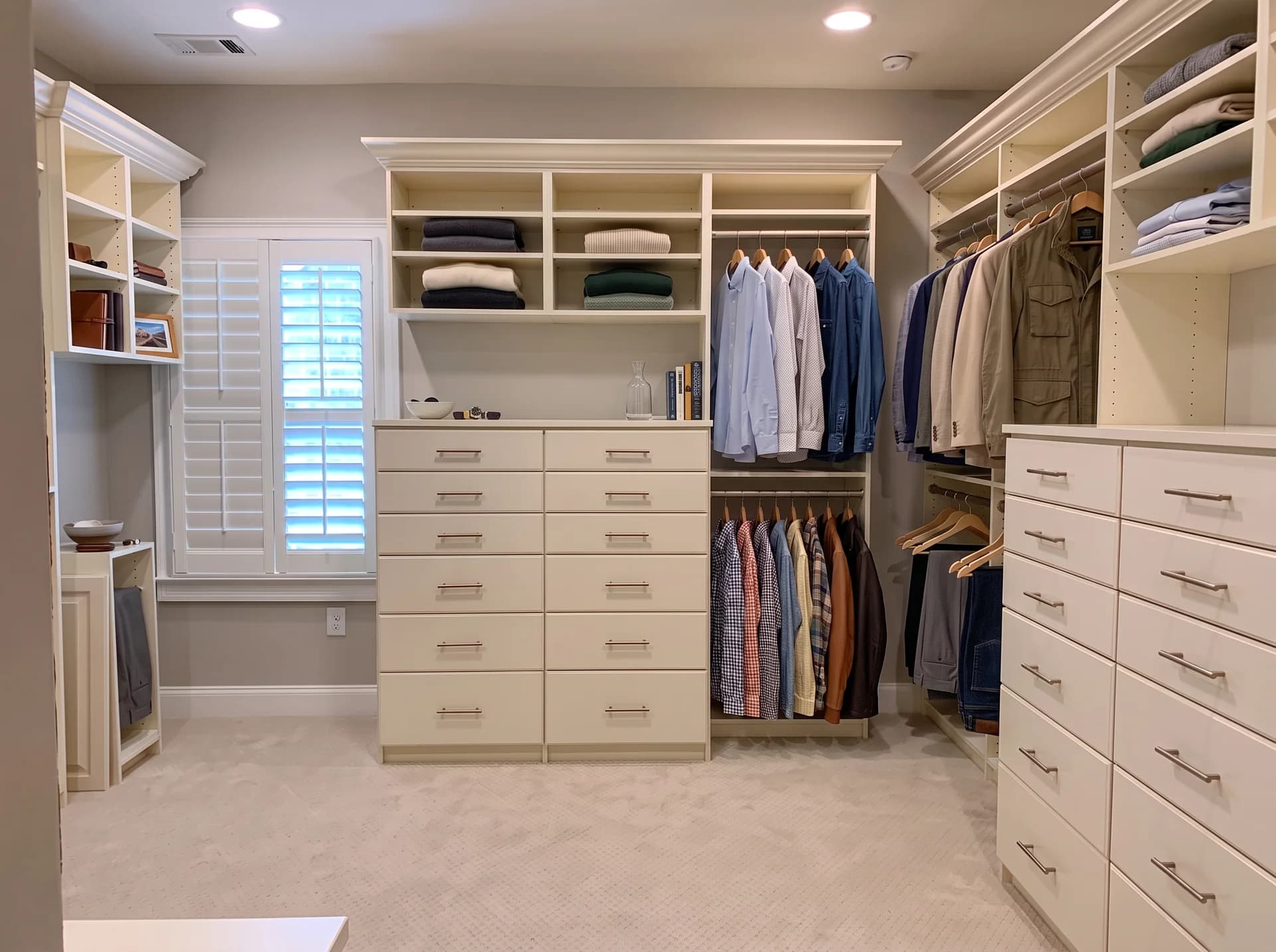 Cream walk-in closet with plantation shutters, drawer banks, and open shelving with folded clothes