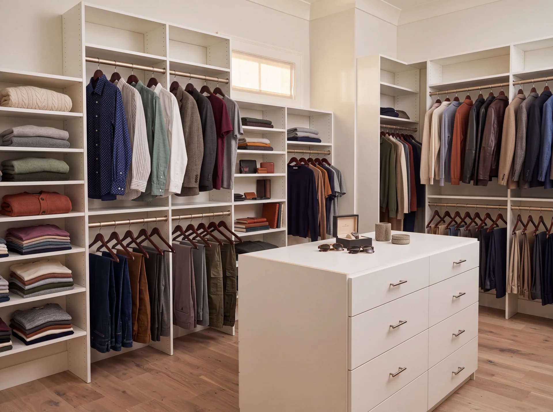 White walk-in closet with a center drawer island, double hanging, and open shelving stacked with folded sweaters