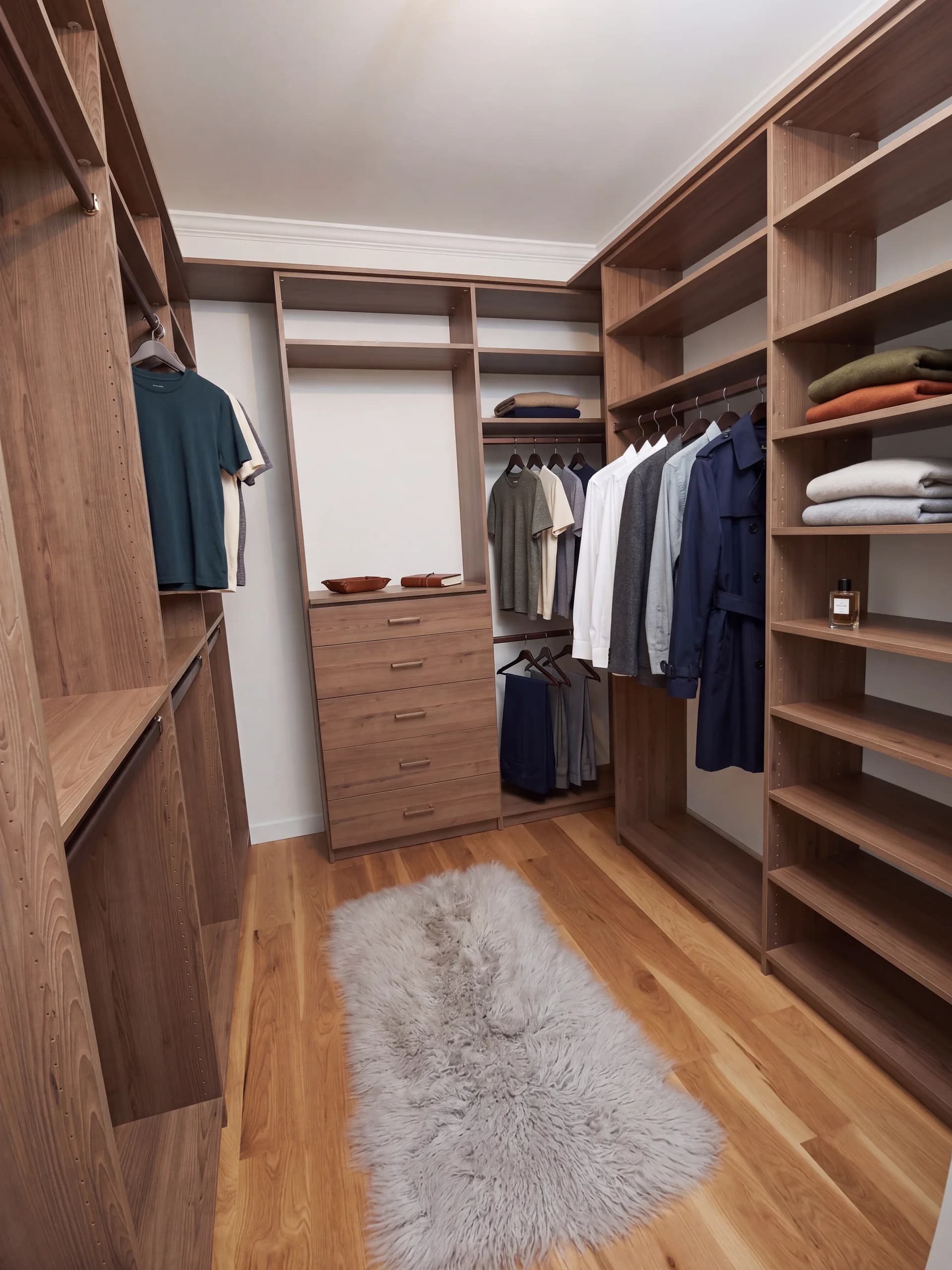 Walnut walk-in closet with open shelving, a drawer cabinet, and hanging rods over a light oak floor