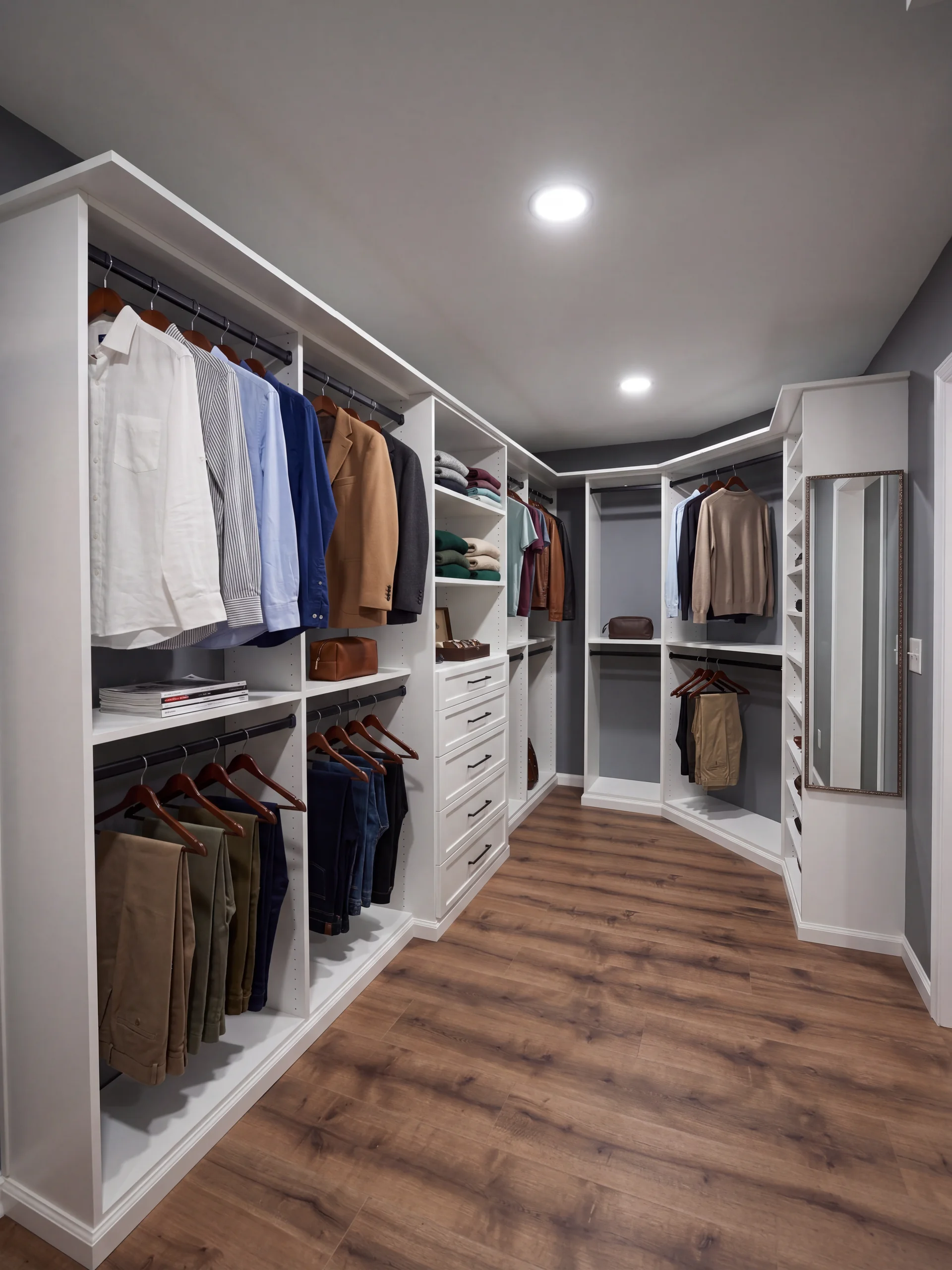 White L-shaped walk-in closet with hanging rods, a drawer bank, and a corner mirror