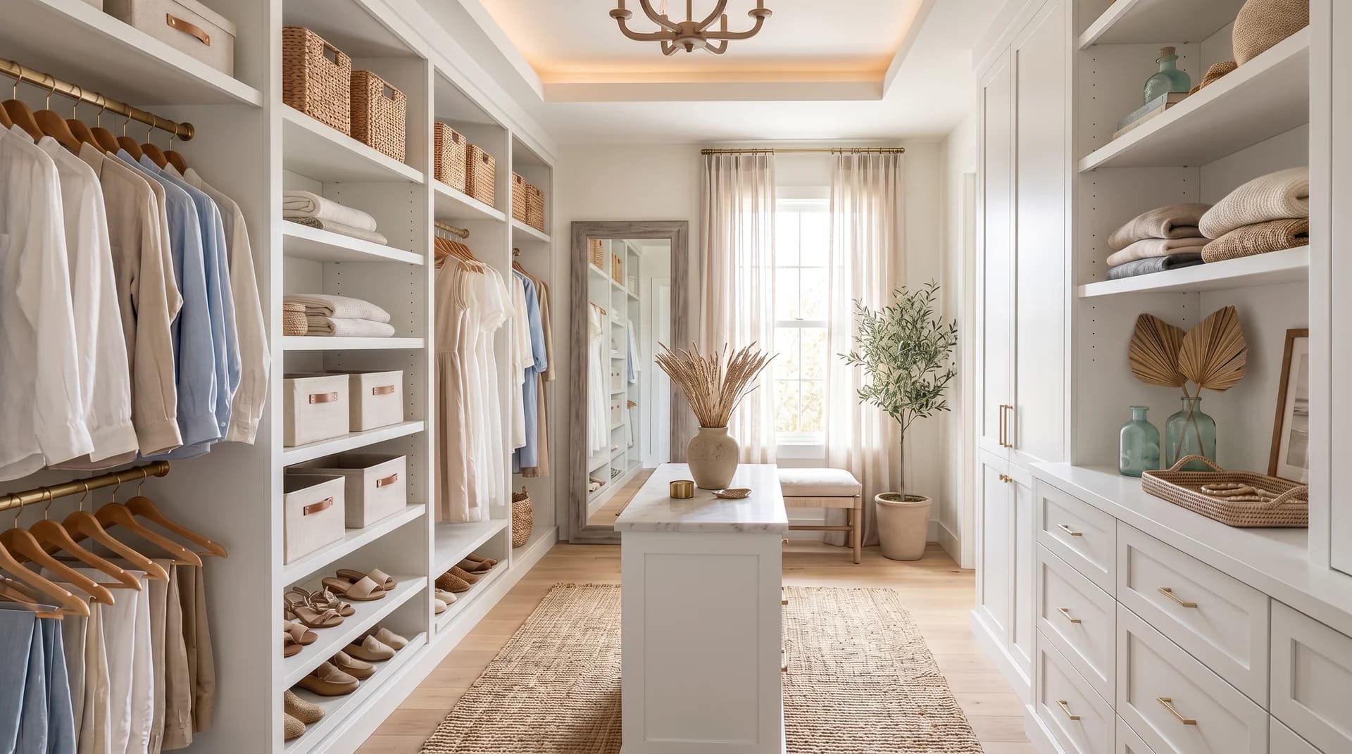 Custom walk-in closet in warm white with a center island and full-length mirror